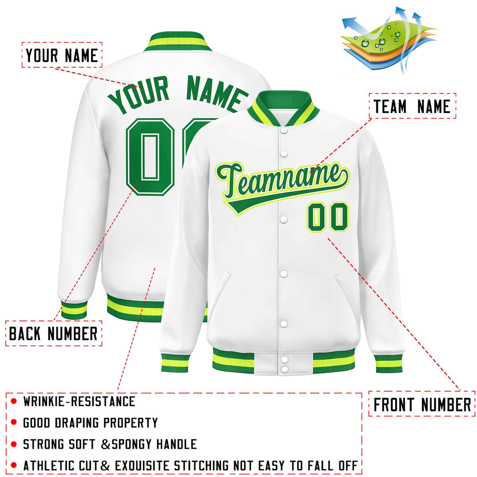 Custom White Kelly Green Varsity Full-Snap Classic Style Letterman Baseball Jacket