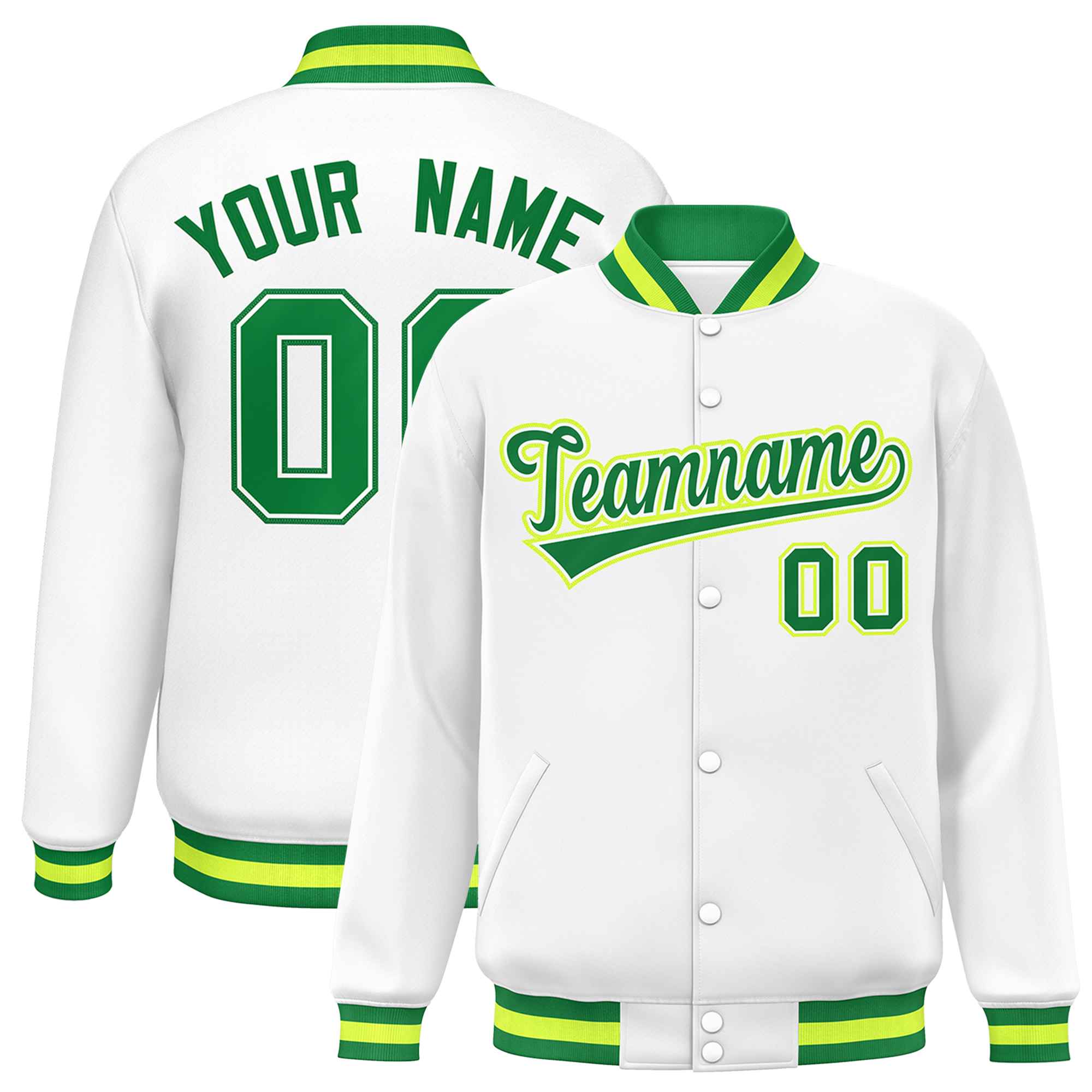 Custom White Kelly Green Varsity Full-Snap Classic Style Letterman Baseball Jacket