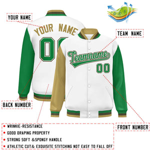 Custom White Old Gold-Kelly Green Varsity Full-Snap Raglan Sleeves Letterman Baseball Jacket