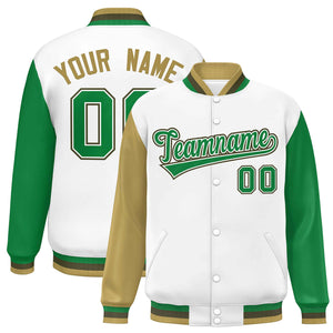 Custom White Old Gold-Kelly Green Varsity Full-Snap Raglan Sleeves Letterman Baseball Jacket