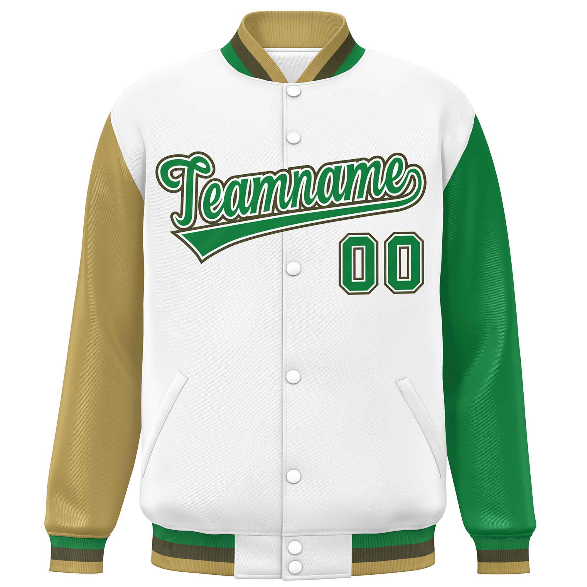 Custom White Old Gold-Kelly Green Varsity Full-Snap Raglan Sleeves Letterman Baseball Jacket