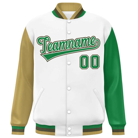 Custom White Old Gold-Kelly Green Varsity Full-Snap Raglan Sleeves Letterman Baseball Jacket
