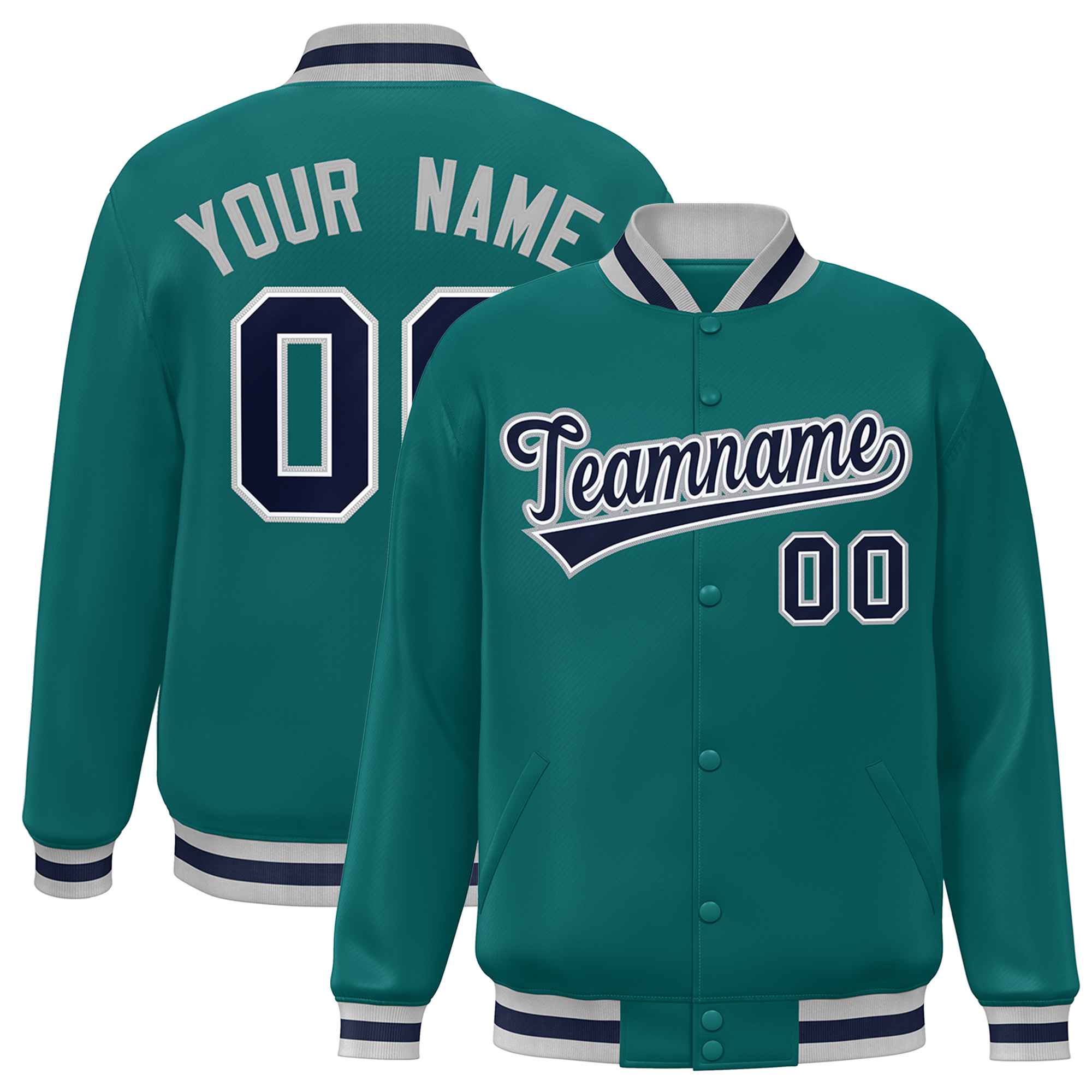 Custom Aqua Navy Varsity Full-Snap Classic Style Letterman Baseball Jacket