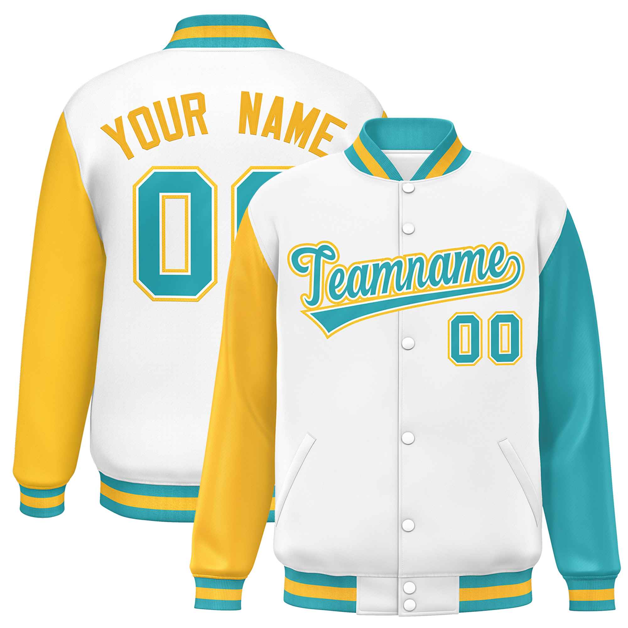 Custom White Gold-Aqua Varsity Full-Snap Raglan Sleeves Letterman Baseball Jacket