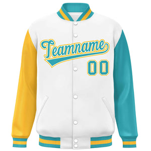 Custom White Gold-Aqua Varsity Full-Snap Raglan Sleeves Letterman Baseball Jacket