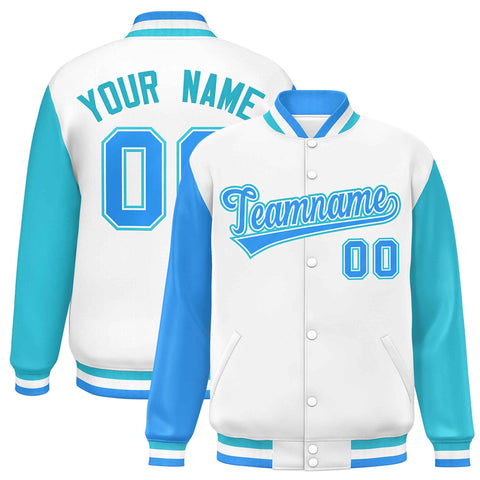 Custom White Powder Blue-Sky Blue Varsity Full-Snap Raglan Sleeves Letterman Baseball Jacket