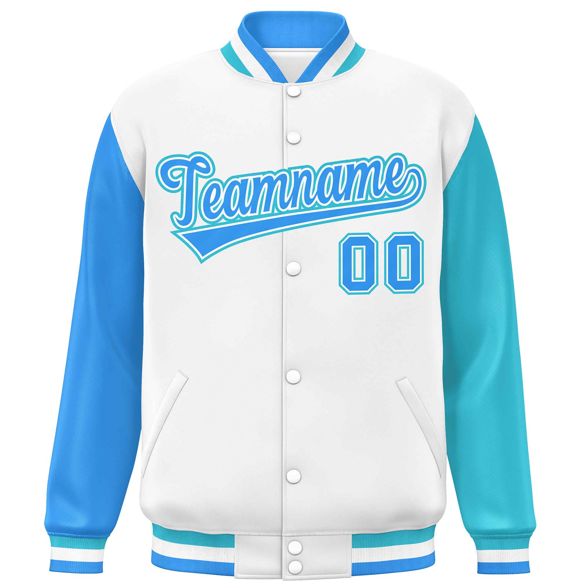 Custom White Powder Blue-Sky Blue Varsity Full-Snap Raglan Sleeves Letterman Baseball Jacket