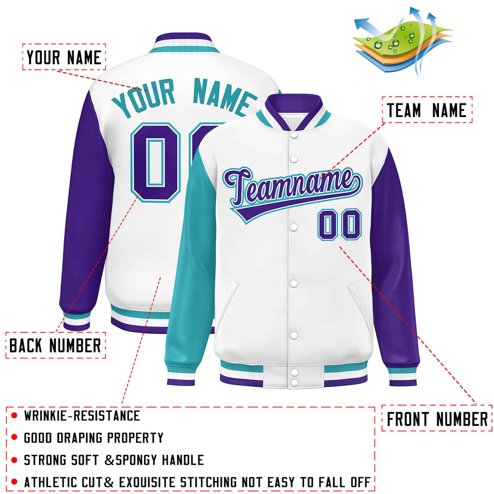 Custom White Aqua-Purple Varsity Full-Snap Raglan Sleeves Letterman Baseball Jacket