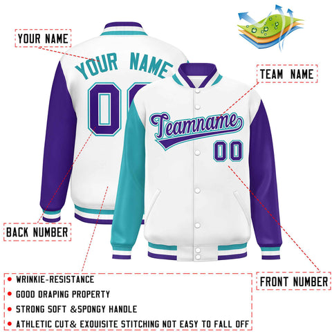 Custom White Aqua-Purple Varsity Full-Snap Raglan Sleeves Letterman Baseball Jacket