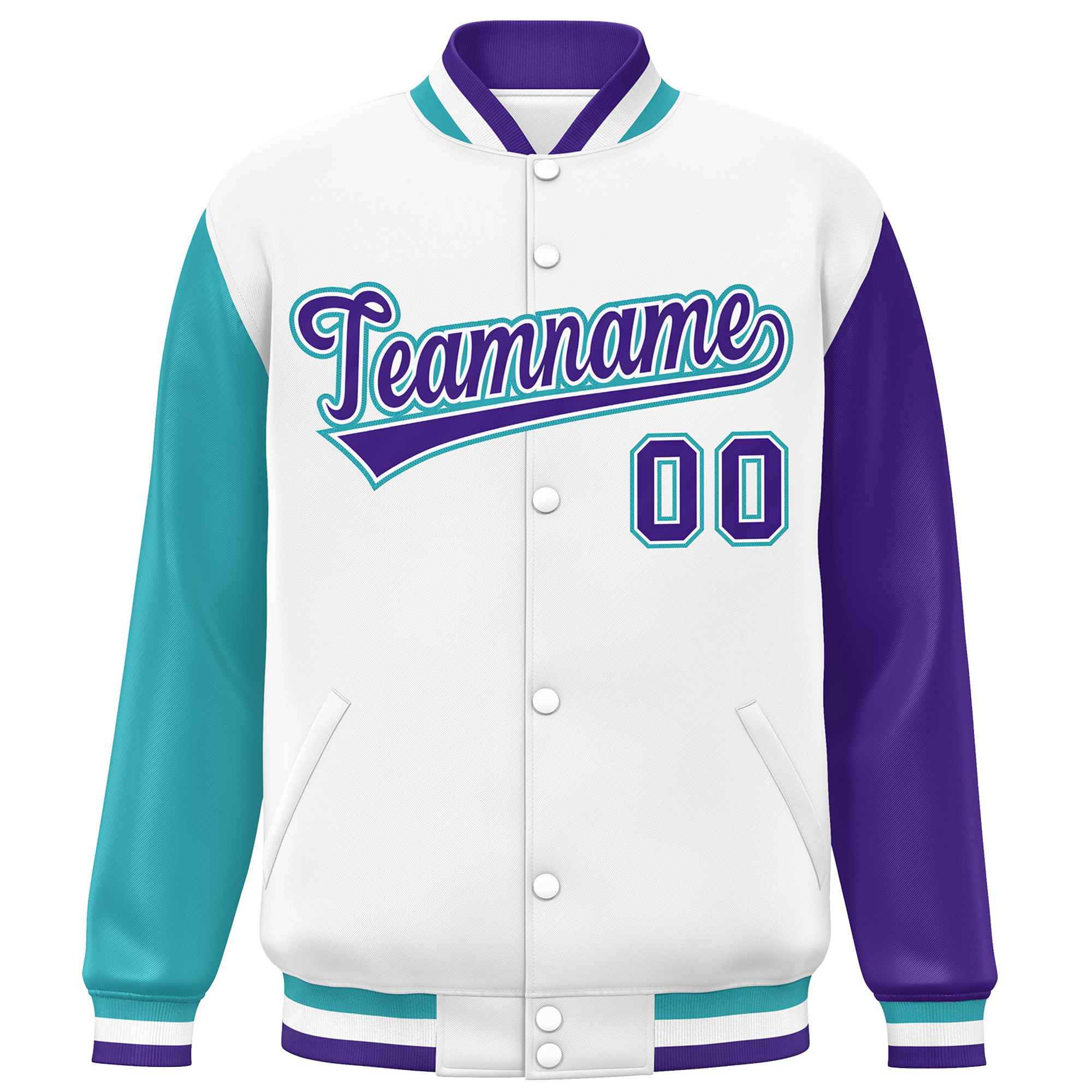 Custom White Aqua-Purple Varsity Full-Snap Raglan Sleeves Letterman Baseball Jacket