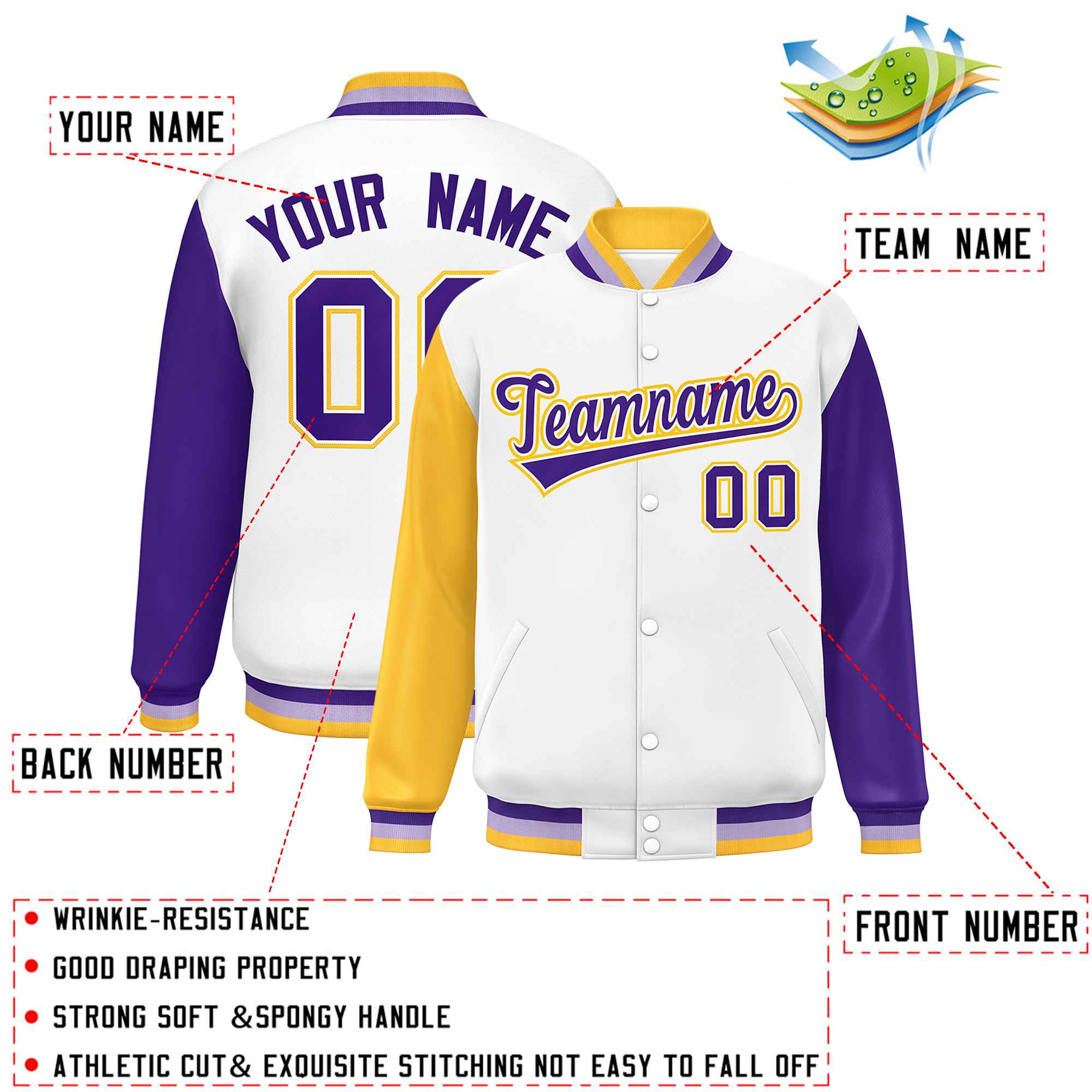 Custom White Gold-Purple Varsity Full-Snap Raglan Sleeves Letterman Baseball Jacket