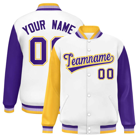 Custom White Gold-Purple Varsity Full-Snap Raglan Sleeves Letterman Baseball Jacket