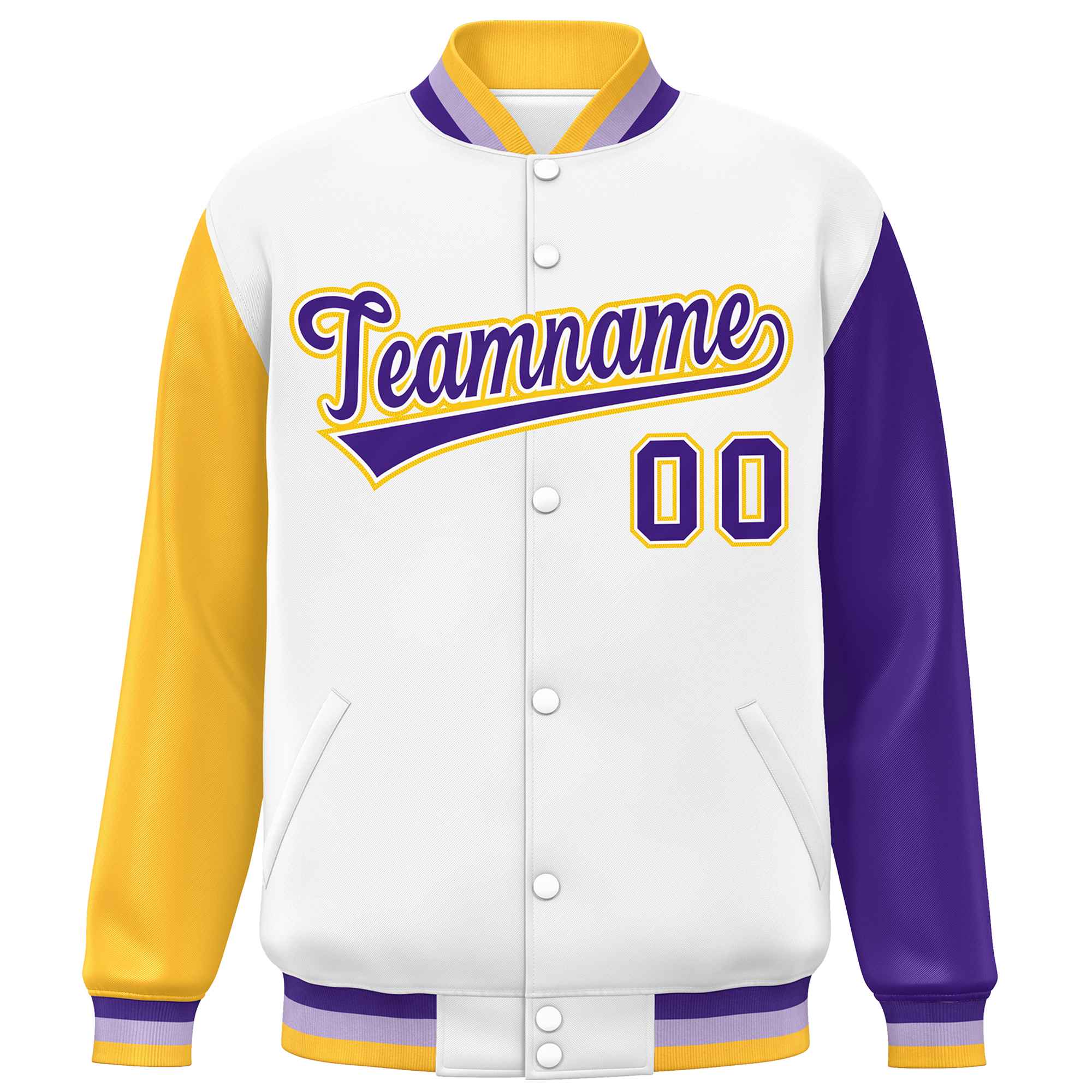 Custom White Gold-Purple Varsity Full-Snap Raglan Sleeves Letterman Baseball Jacket