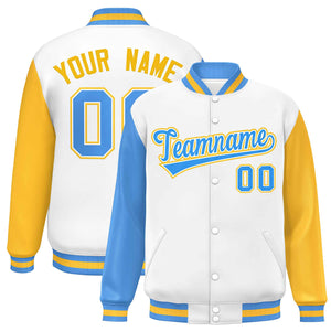 Custom White Powder Blue-Gold Varsity Full-Snap Raglan Sleeves Letterman Baseball Jacket