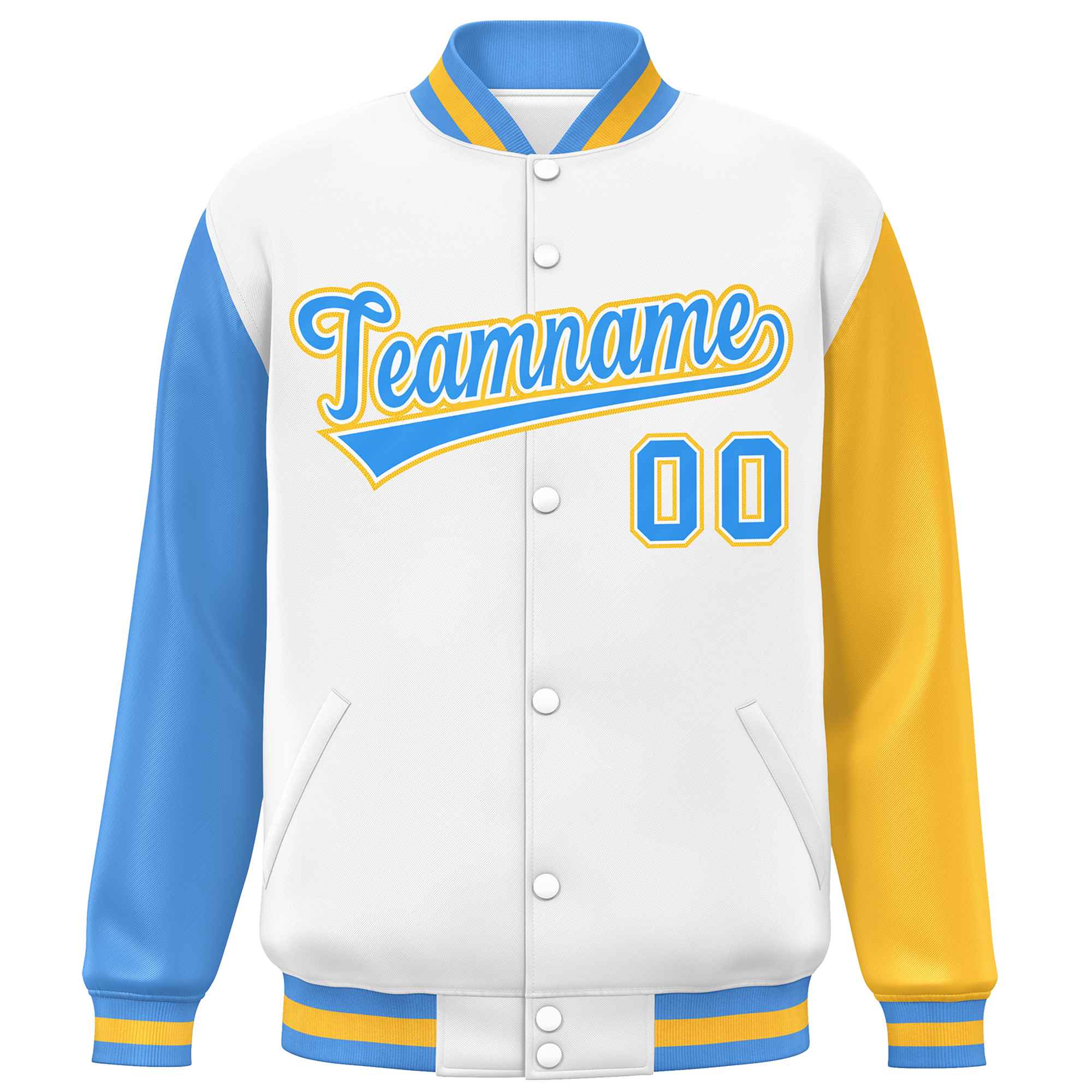 Custom White Powder Blue-Gold Varsity Full-Snap Raglan Sleeves Letterman Baseball Jacket