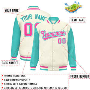 Custom Cream Aqua-Pink Varsity Full-Snap Raglan Sleeves Letterman Baseball Jacket