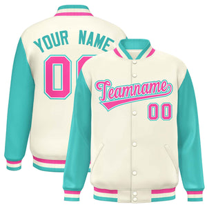 Custom Cream Aqua-Pink Varsity Full-Snap Raglan Sleeves Letterman Baseball Jacket