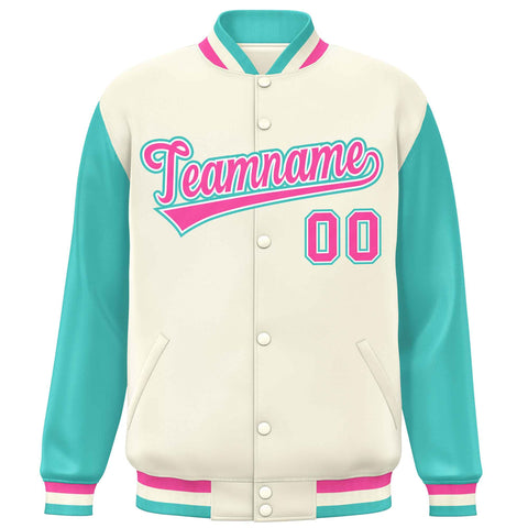 Custom Cream Aqua-Pink Varsity Full-Snap Raglan Sleeves Letterman Baseball Jacket