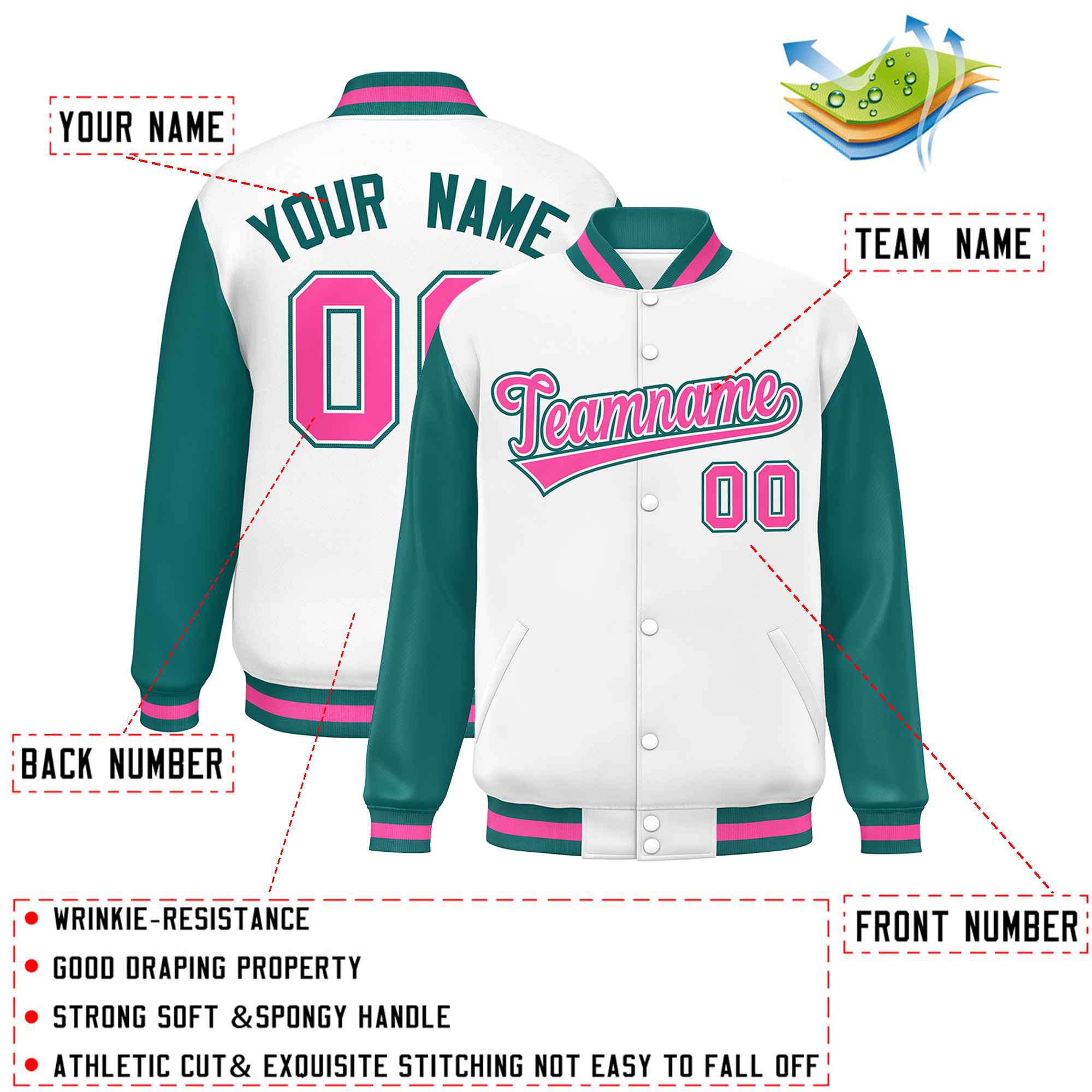 Custom White Aqua-Pink Varsity Full-Snap Raglan Sleeves Letterman Baseball Jacket