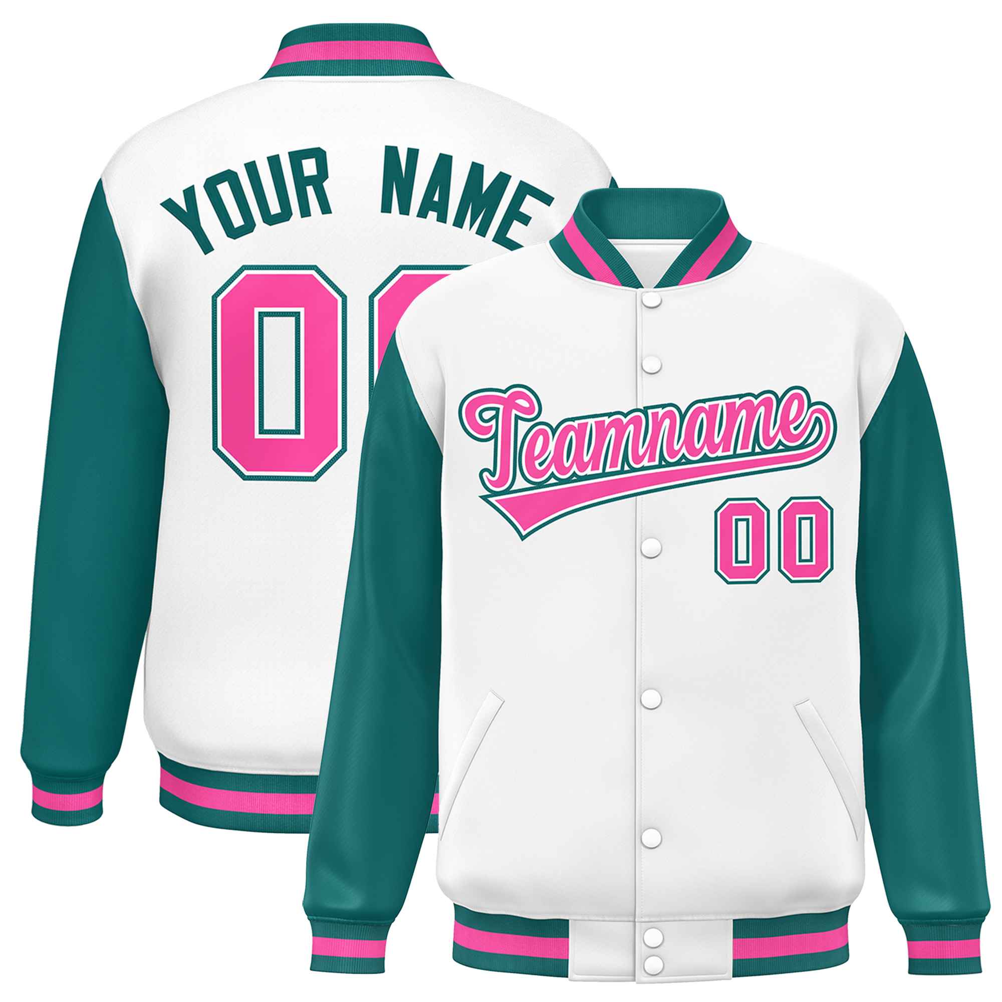 Custom White Aqua-Pink Varsity Full-Snap Raglan Sleeves Letterman Baseball Jacket