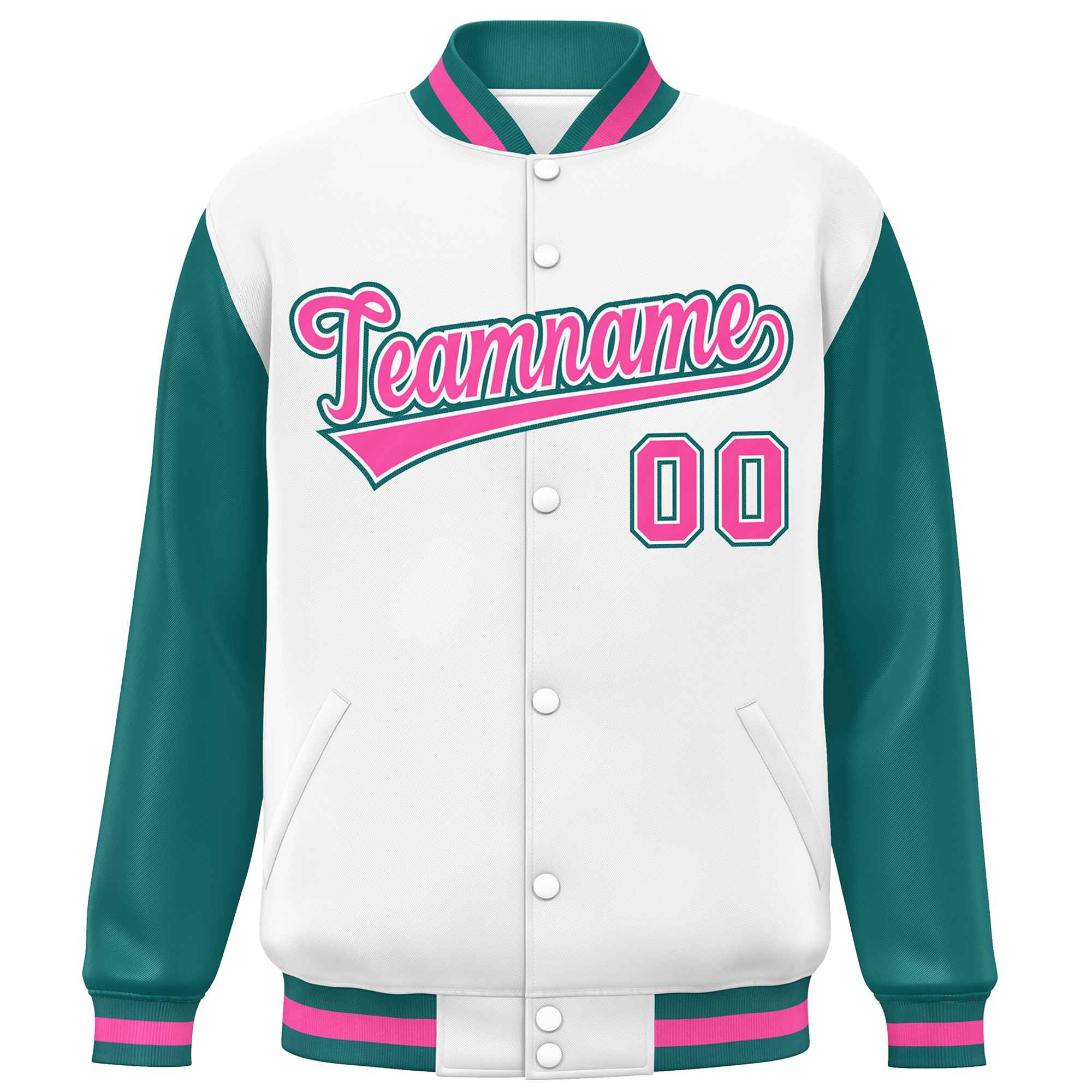 Custom White Aqua-Pink Varsity Full-Snap Raglan Sleeves Letterman Baseball Jacket