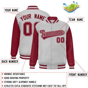 Custom Light Gray Crimson Varsity Full-Snap Raglan Sleeves Letterman Baseball Jacket