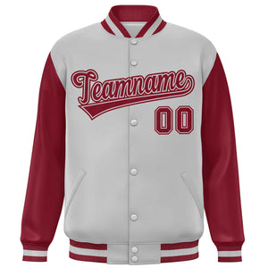 Custom Light Gray Crimson Varsity Full-Snap Raglan Sleeves Letterman Baseball Jacket