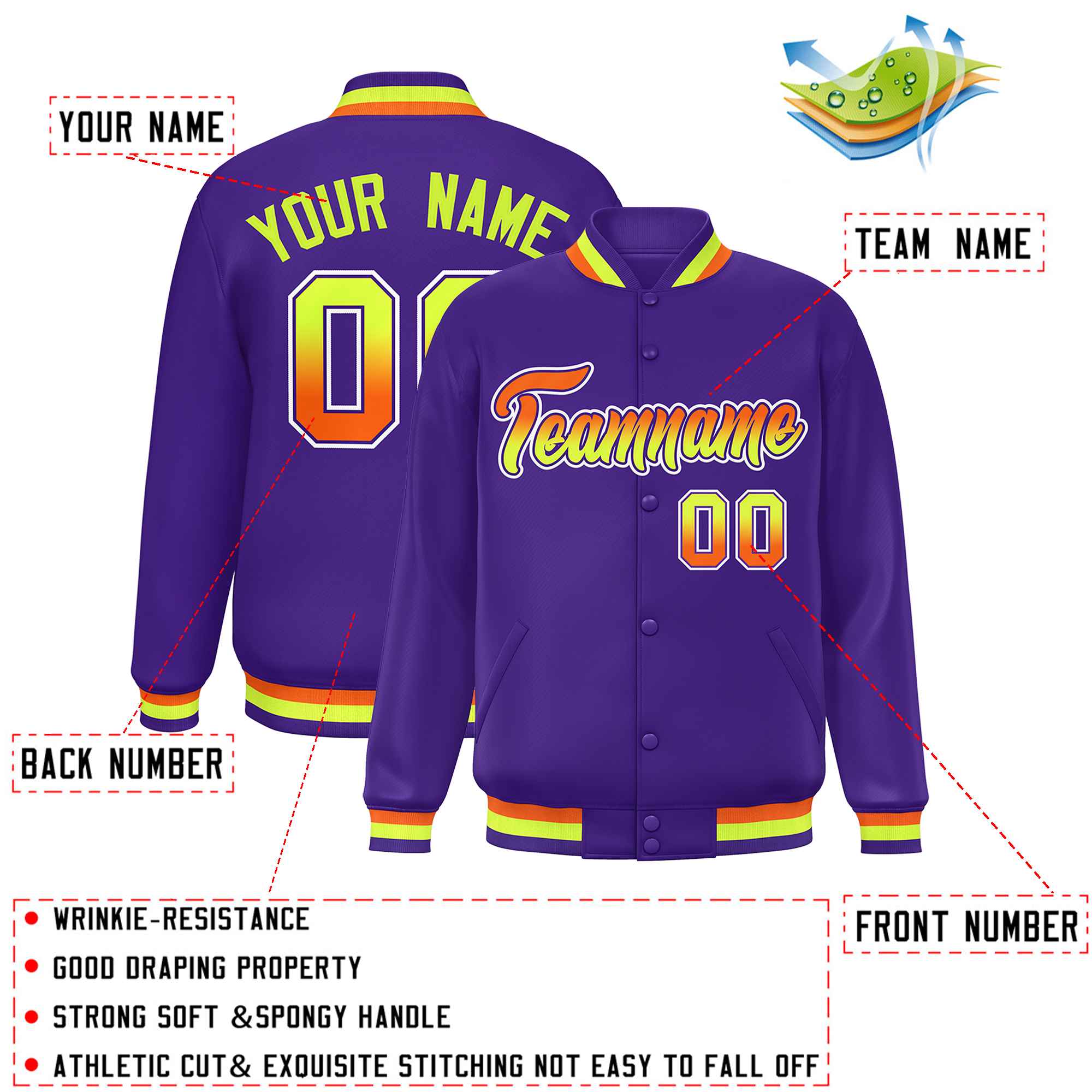 Custom Purple Varsity Full-Snap Gradient Font Letterman Baseball Jacket