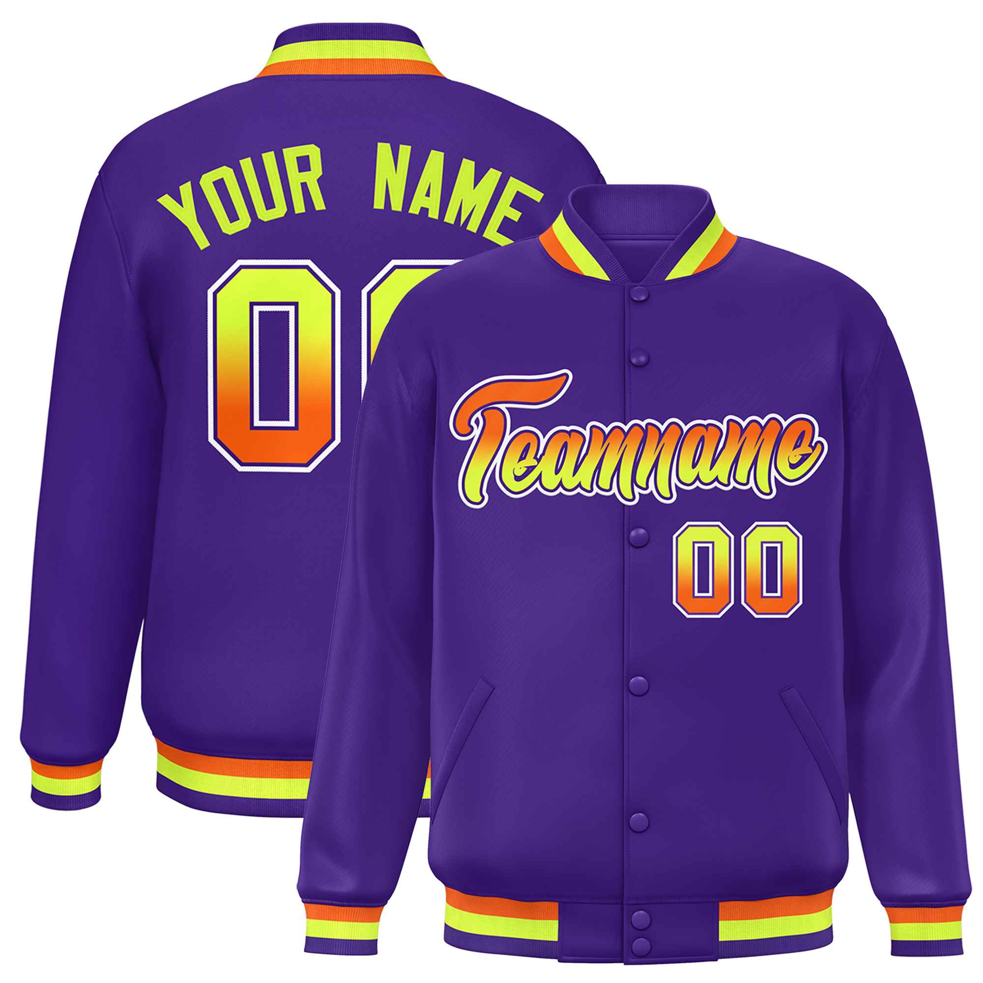 Custom Purple Varsity Full-Snap Gradient Font Letterman Baseball Jacket