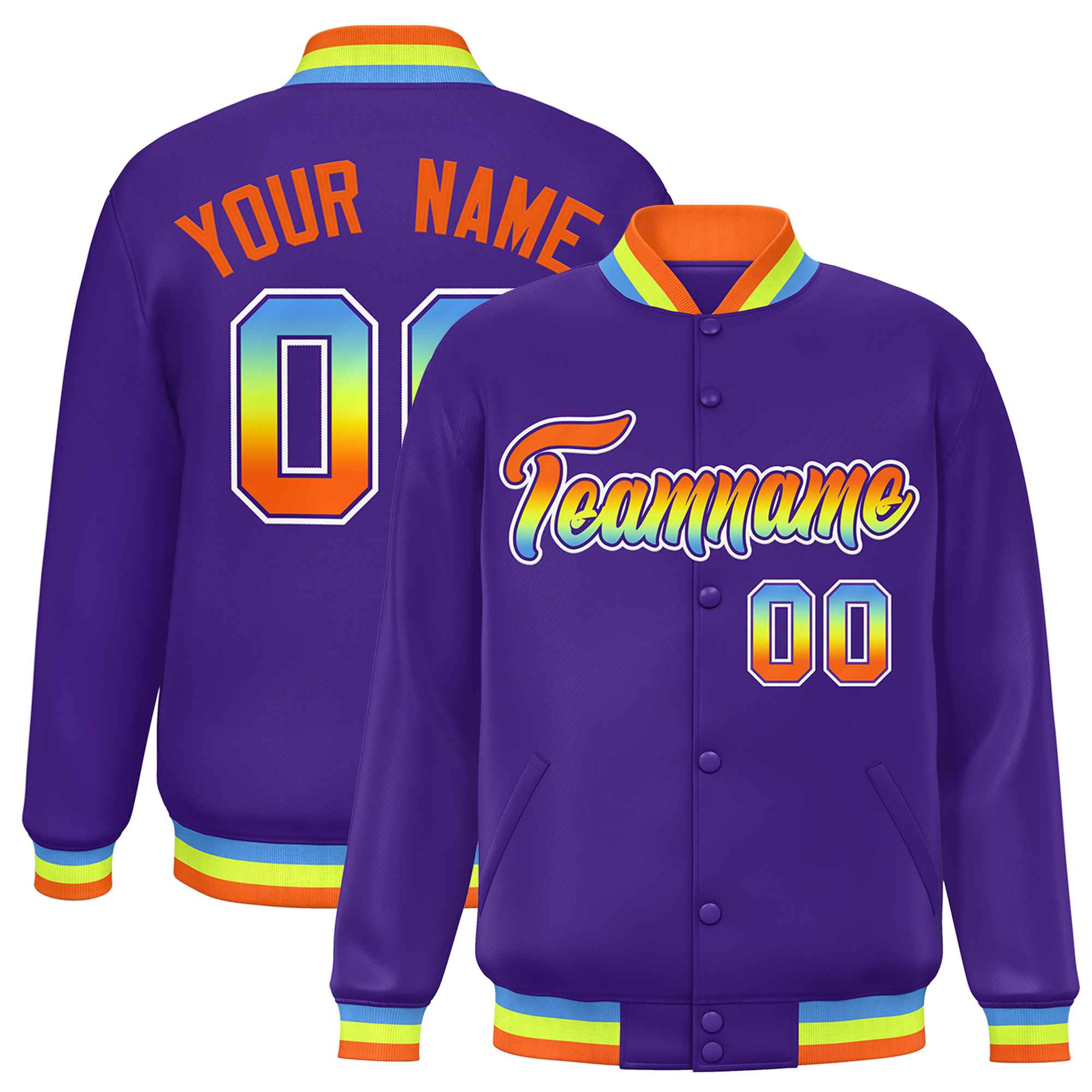 Custom Purple Varsity Full-Snap Gradient Font Letterman Baseball Jacket