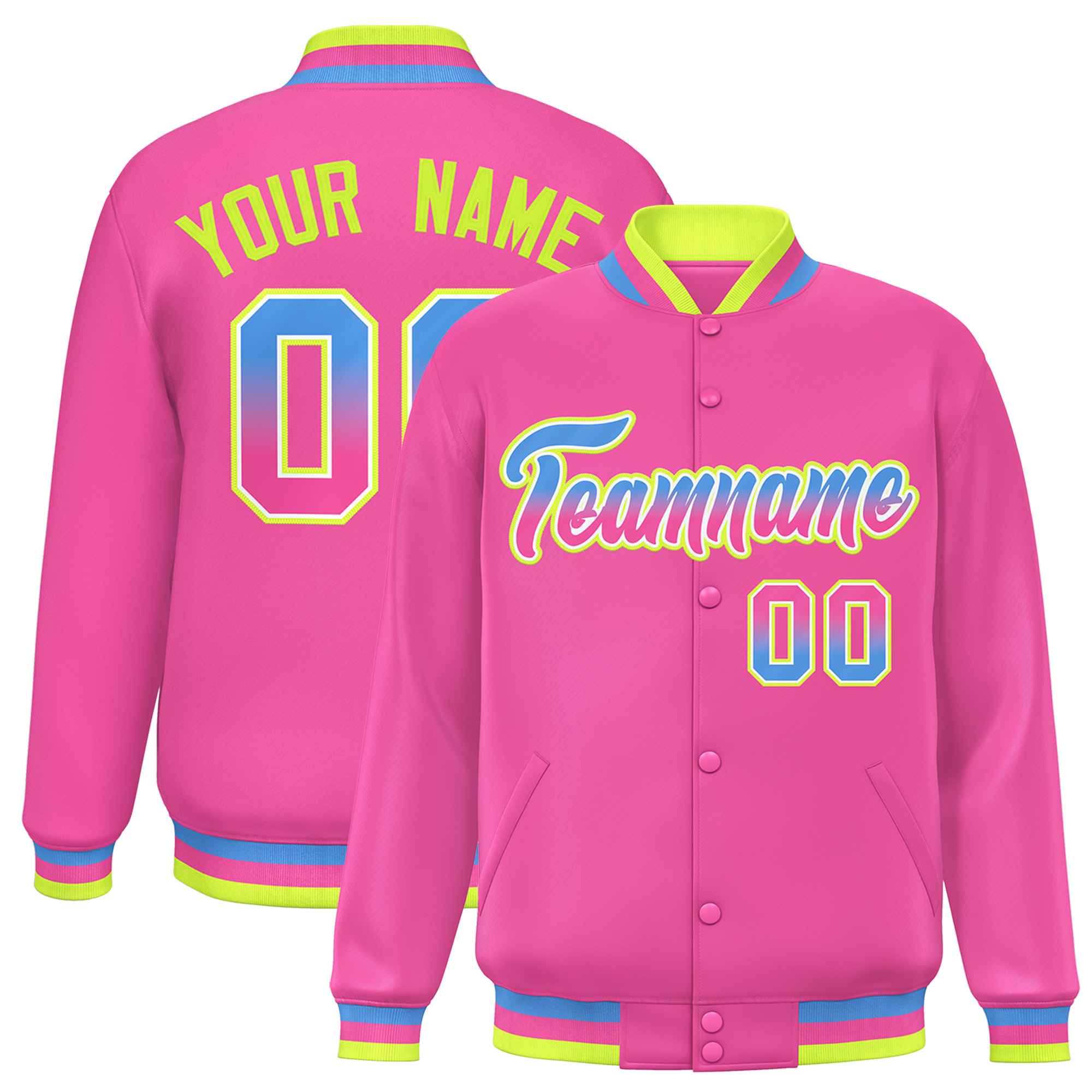 Custom Pink Varsity Full-Snap Gradient Font Letterman Baseball Jacket