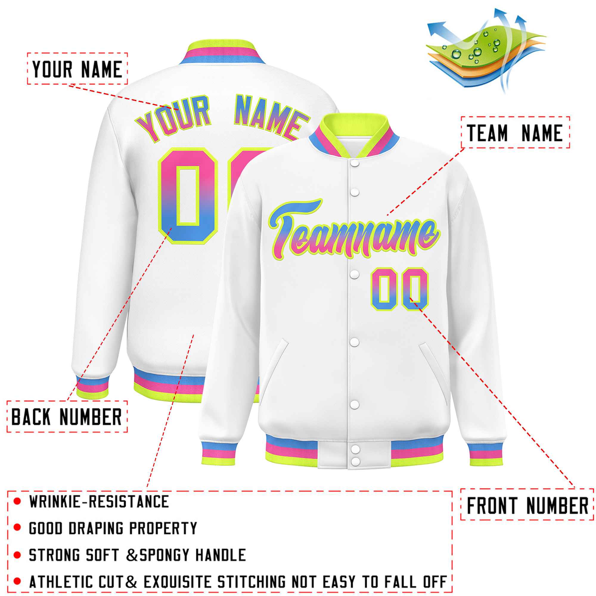 Custom White Varsity Full-Snap Gradient Font Letterman Baseball Jacket