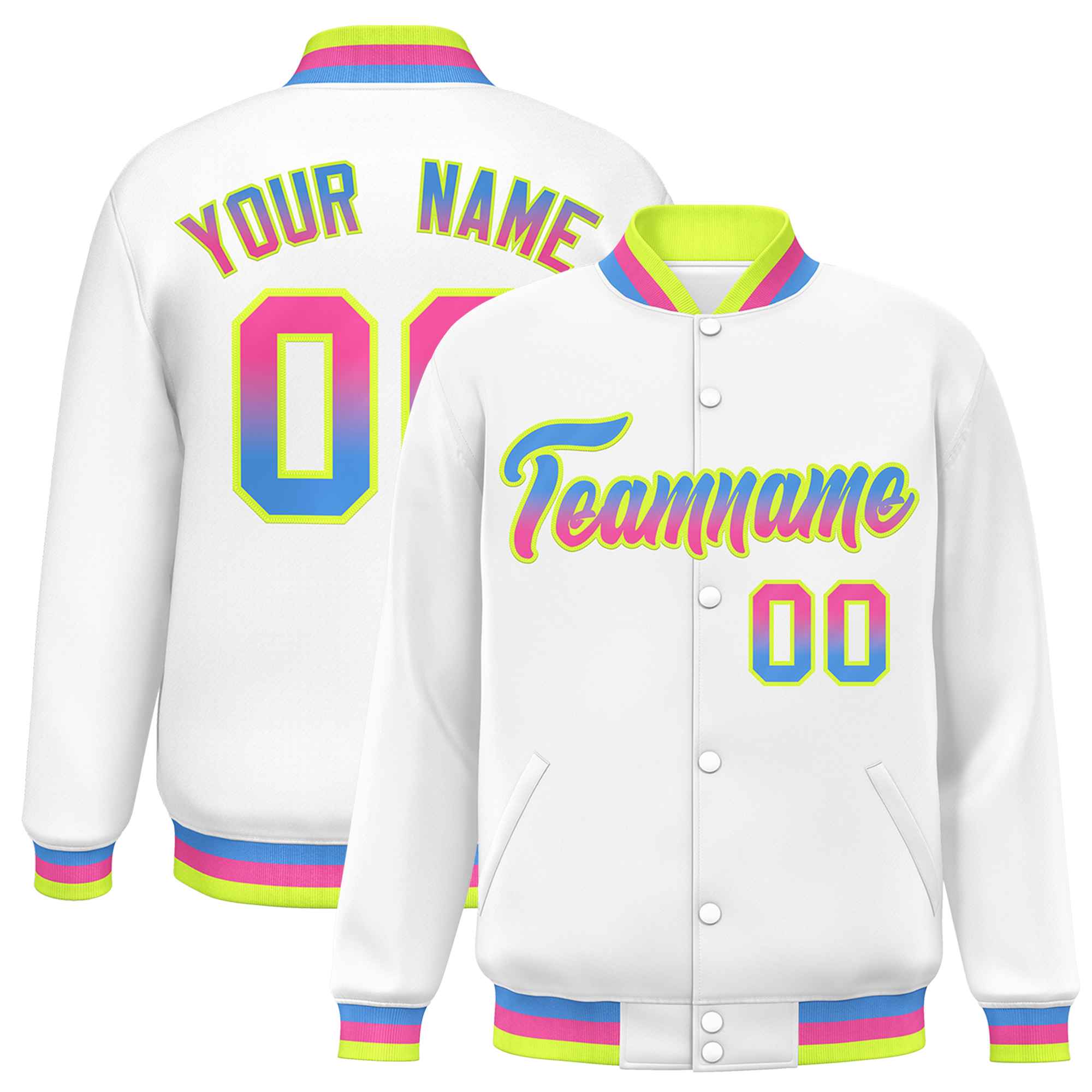 Custom White Varsity Full-Snap Gradient Font Letterman Baseball Jacket