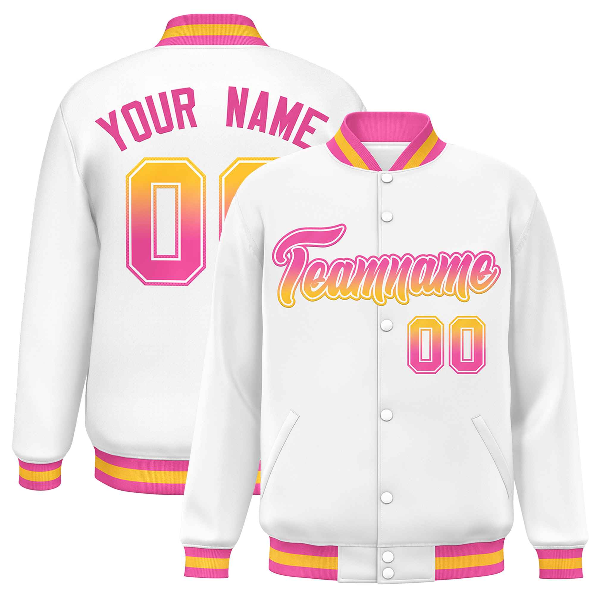 Custom White Varsity Full-Snap Gradient Font Letterman Baseball Jacket