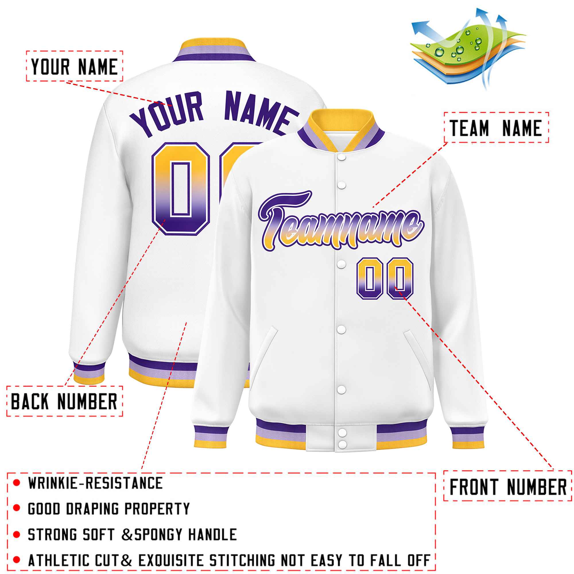 Custom White Varsity Full-Snap Gradient Font Letterman Baseball Jacket