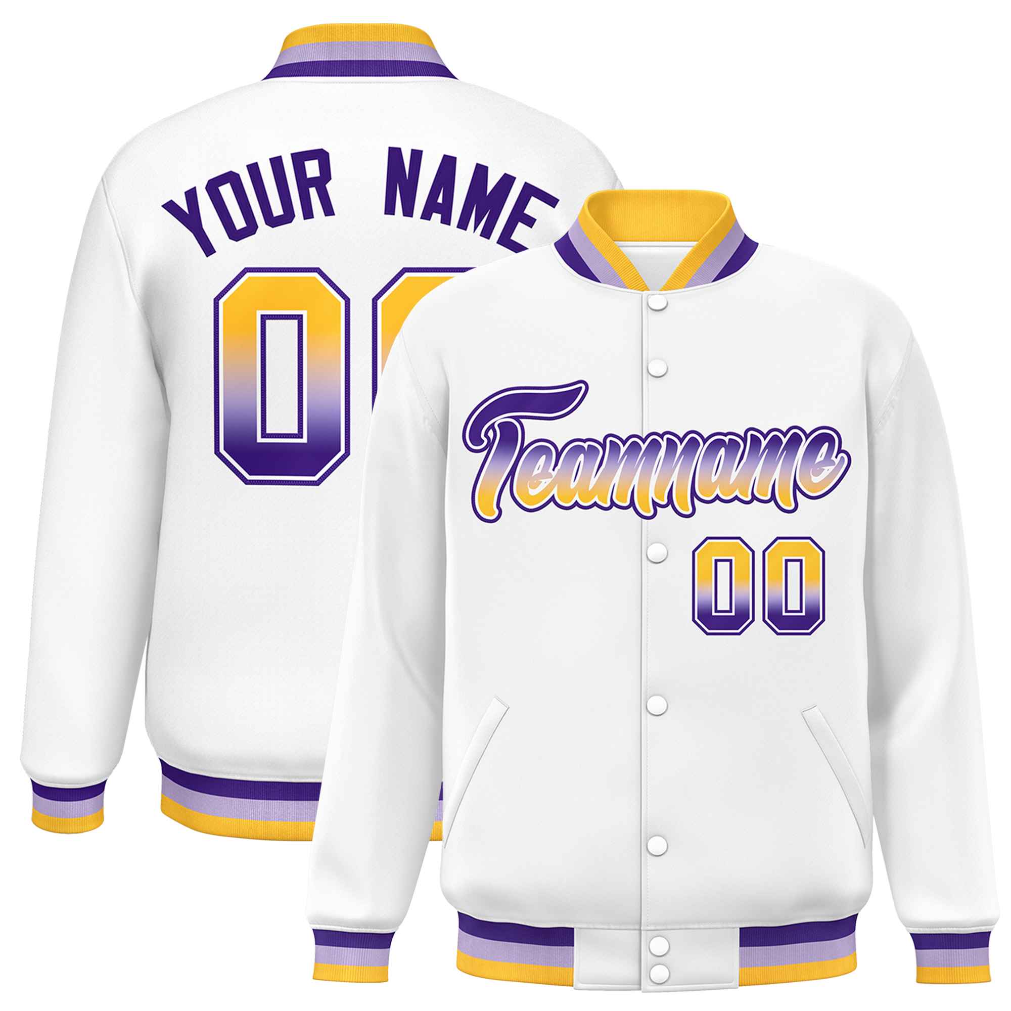 Custom White Varsity Full-Snap Gradient Font Letterman Baseball Jacket