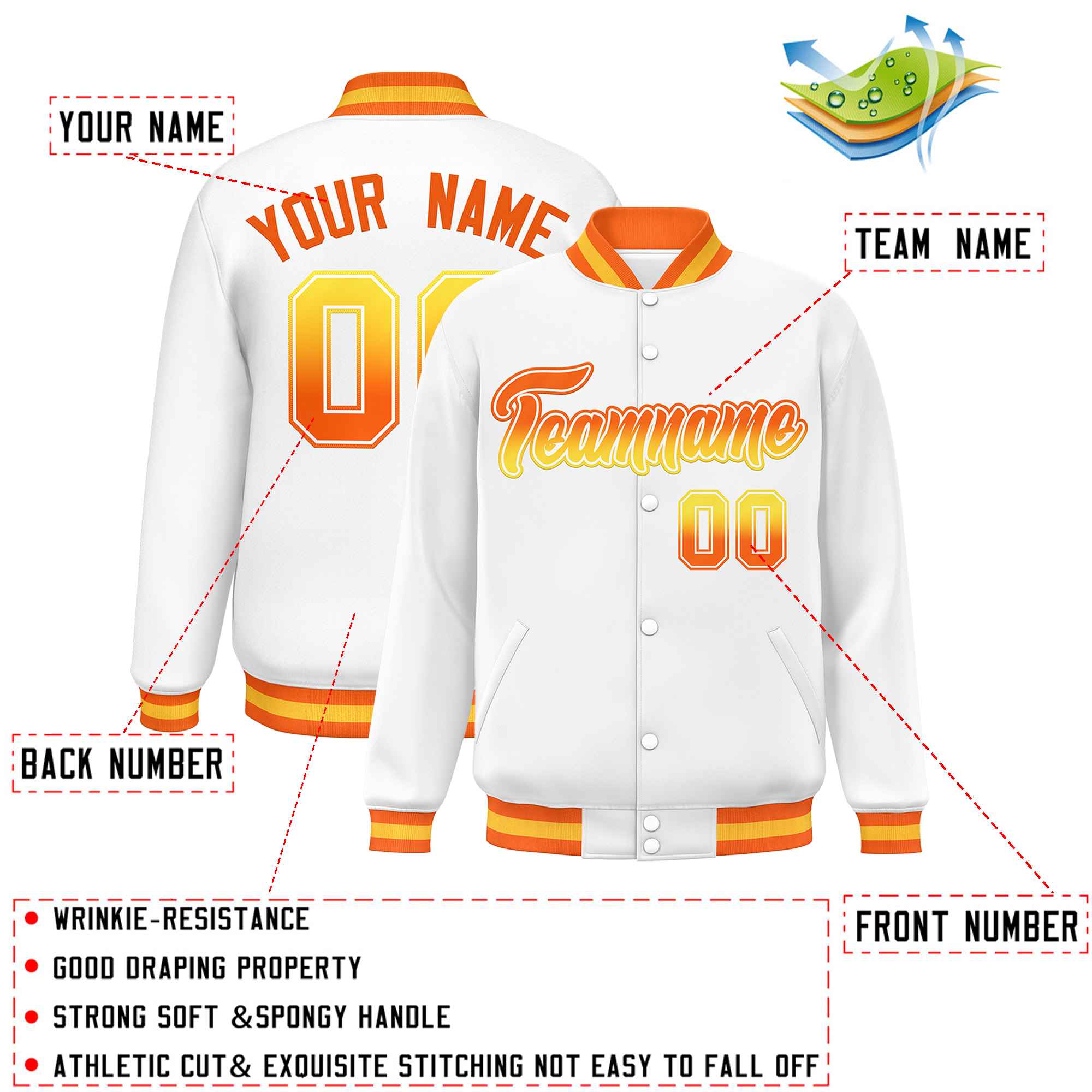 Custom White Varsity Full-Snap Gradient Font Letterman Baseball Jacket