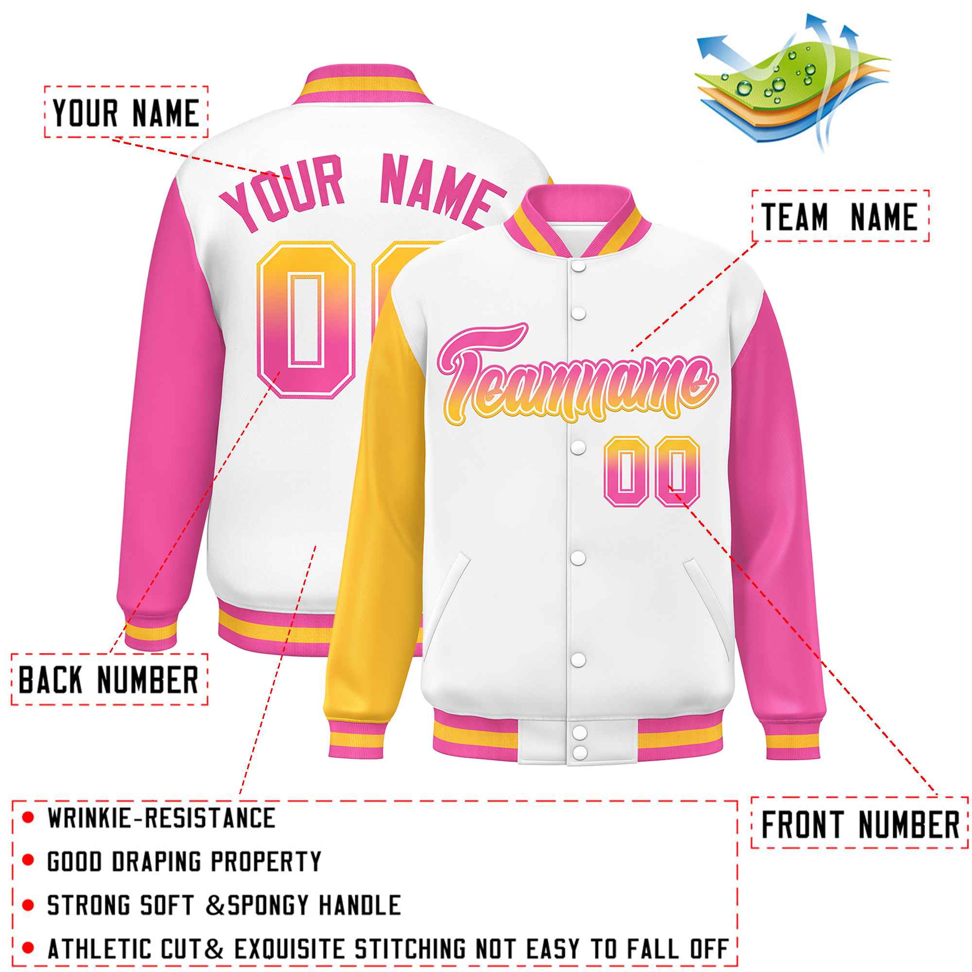 Custom White Gold-Pink Varsity Full-Snap Raglan Sleeves Letterman Baseball Jacket