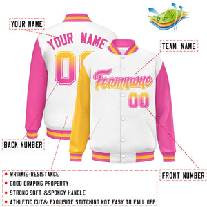 Custom White Gold-Pink Varsity Full-Snap Raglan Sleeves Letterman Baseball Jacket