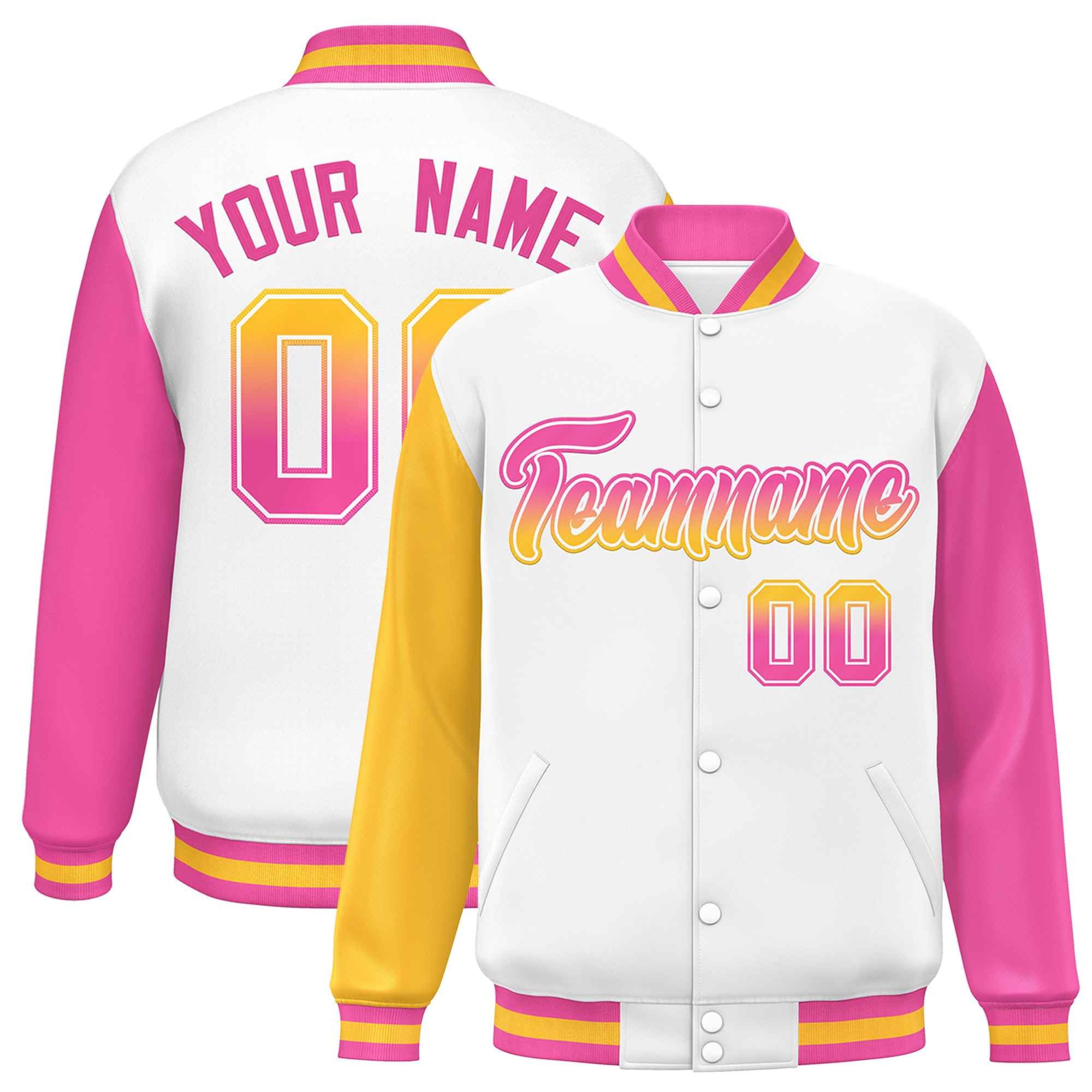 Custom White Gold-Pink Varsity Full-Snap Raglan Sleeves Letterman Baseball Jacket