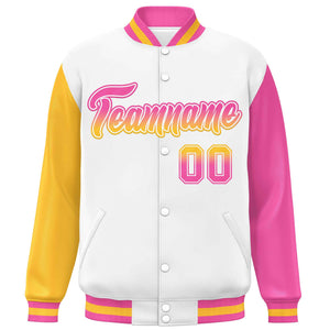 Custom White Gold-Pink Varsity Full-Snap Raglan Sleeves Letterman Baseball Jacket