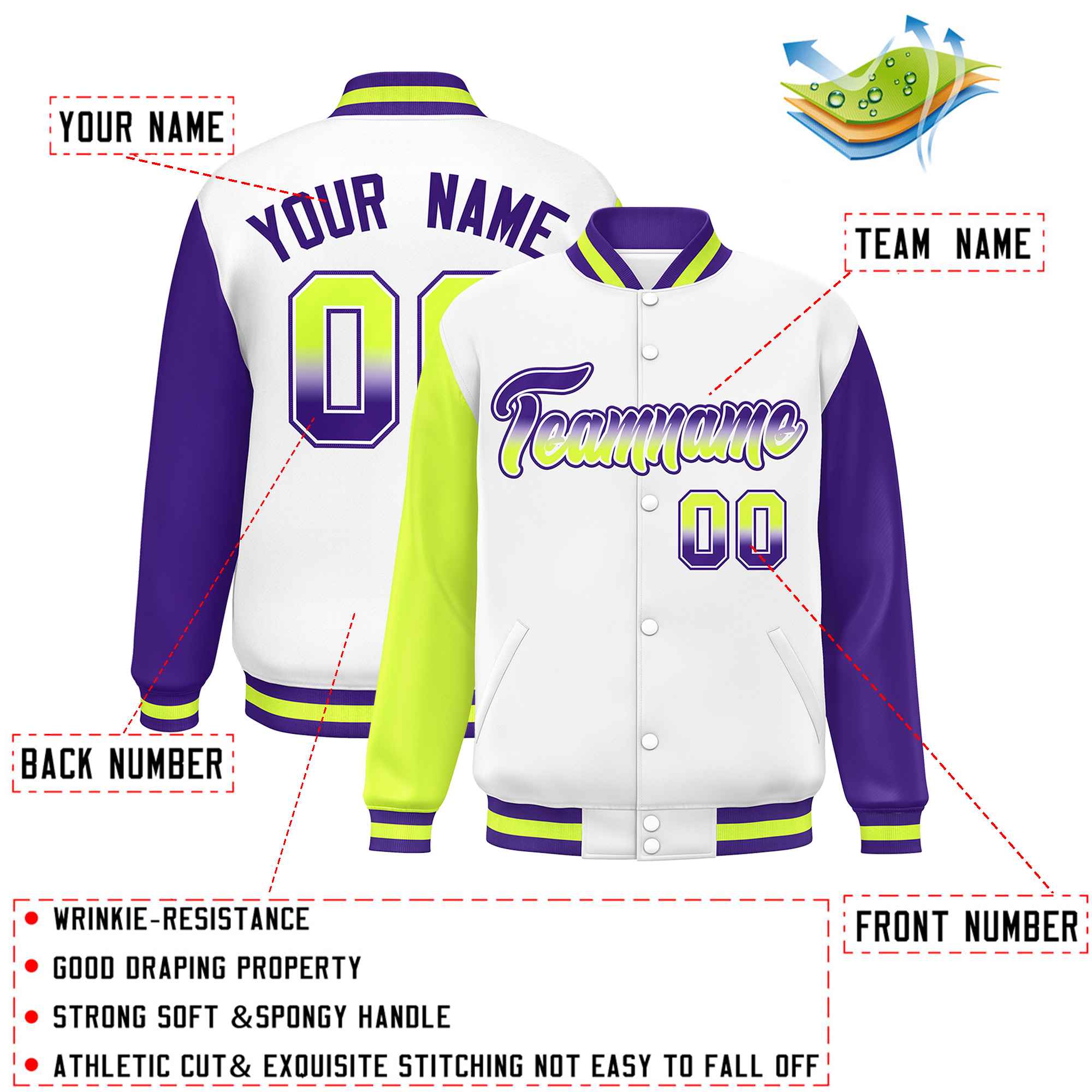 Custom White Neon Green-Purple Varsity Full-Snap Raglan Sleeves Letterman Baseball Jacket