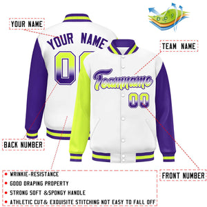 Custom White Neon Green-Purple Varsity Full-Snap Raglan Sleeves Letterman Baseball Jacket