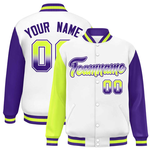 Custom White Neon Green-Purple Varsity Full-Snap Raglan Sleeves Letterman Baseball Jacket