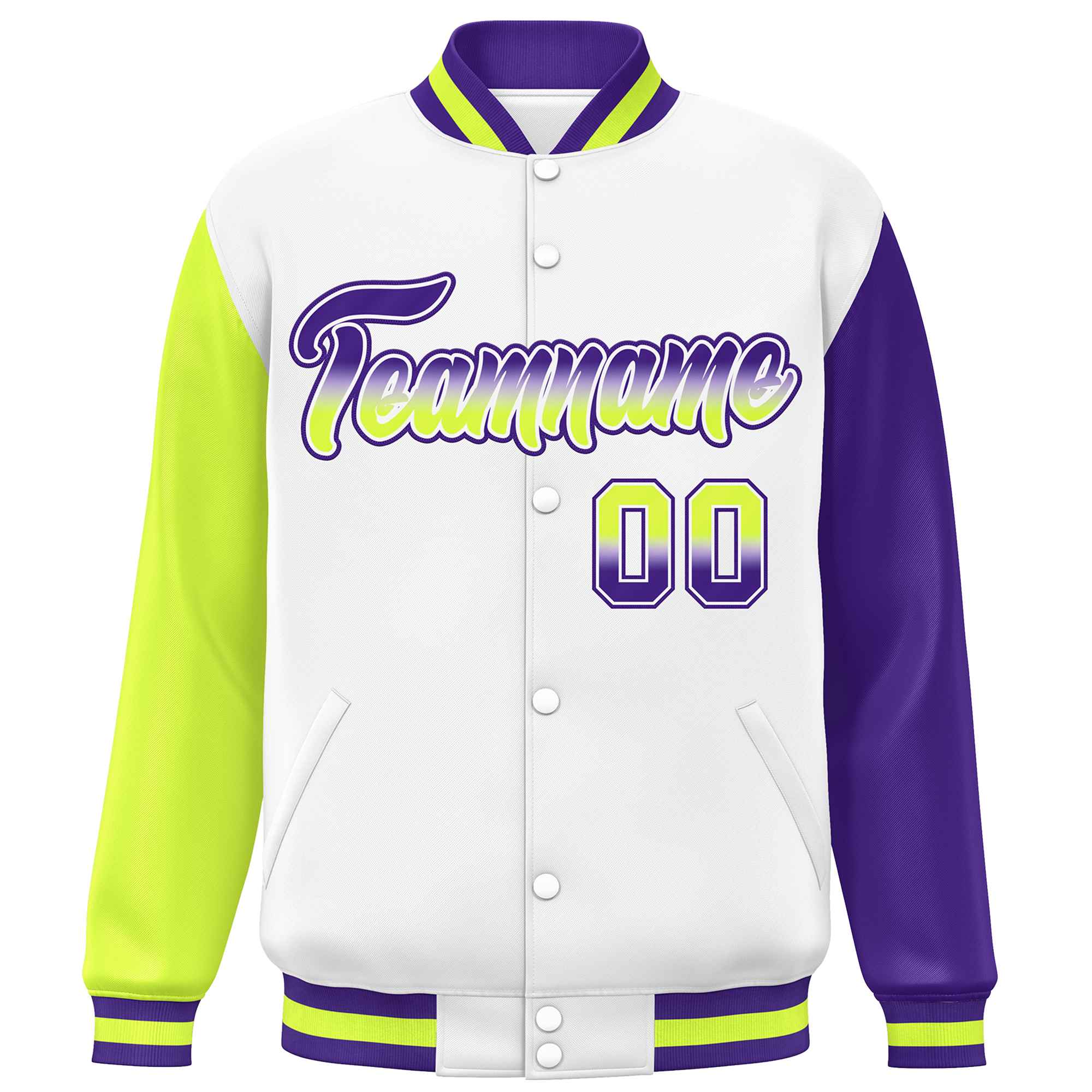 Custom White Neon Green-Purple Varsity Full-Snap Raglan Sleeves Letterman Baseball Jacket