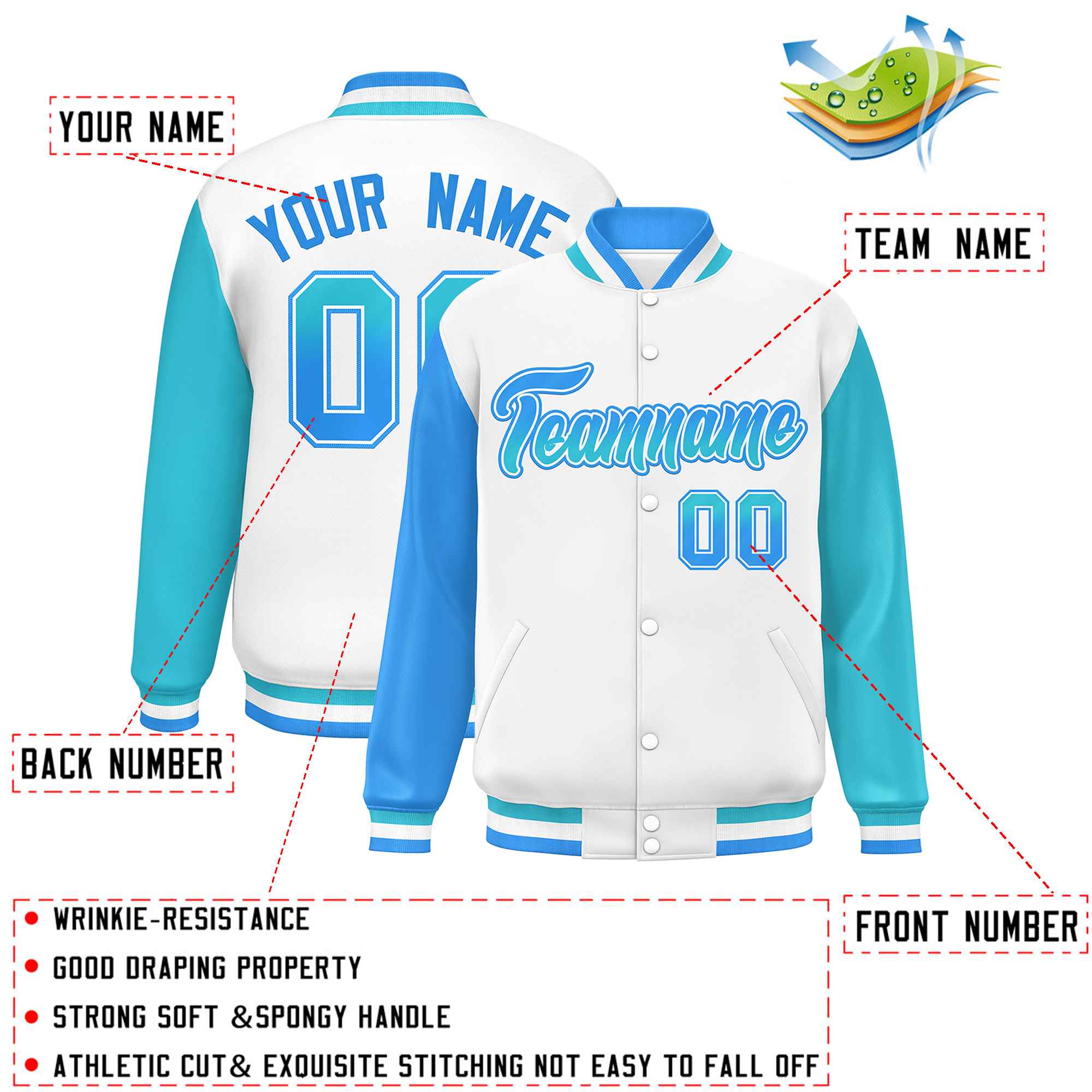 Custom White Powder Blue-Sky Blue Varsity Full-Snap Raglan Sleeves Letterman Baseball Jacket