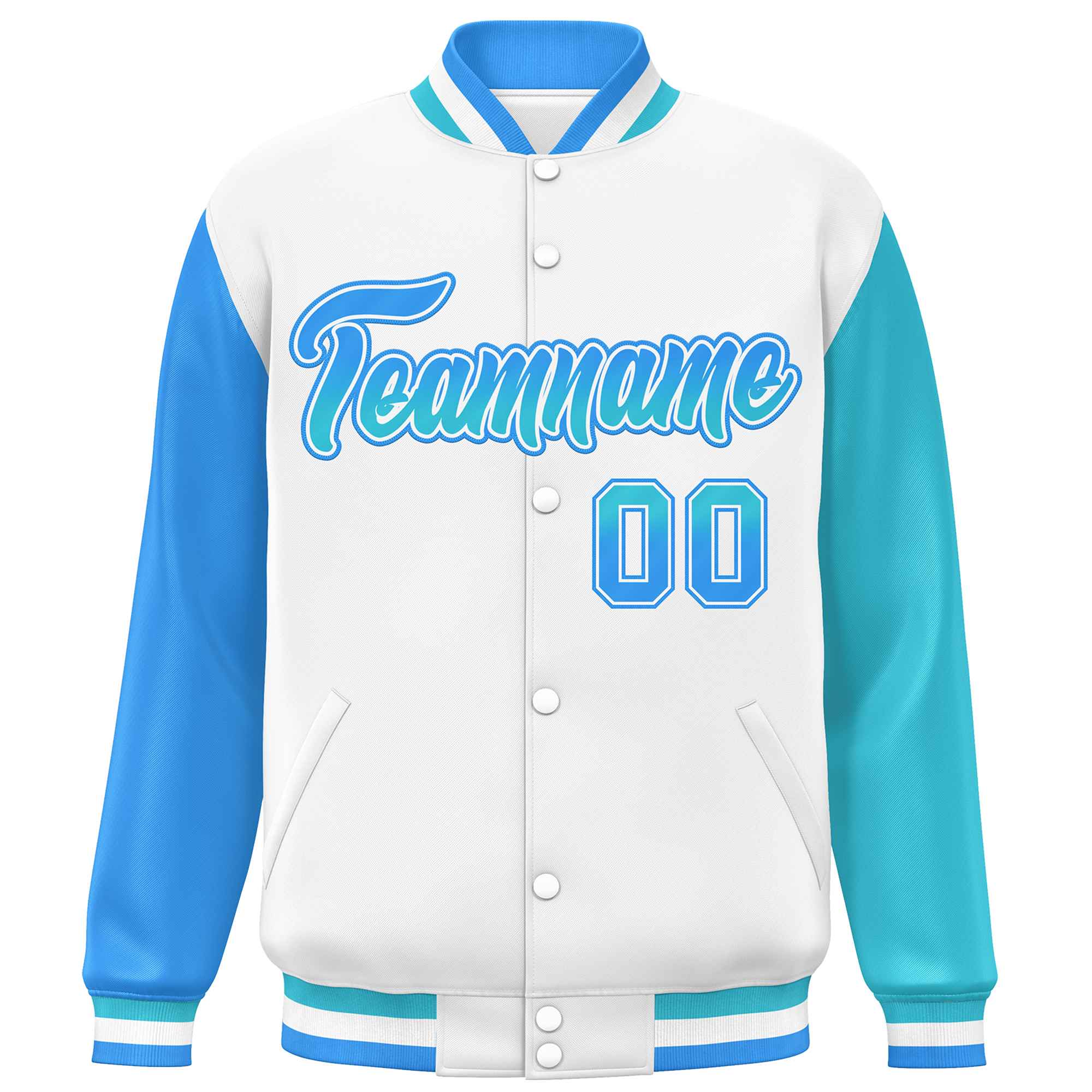 Custom White Powder Blue-Sky Blue Varsity Full-Snap Raglan Sleeves Letterman Baseball Jacket