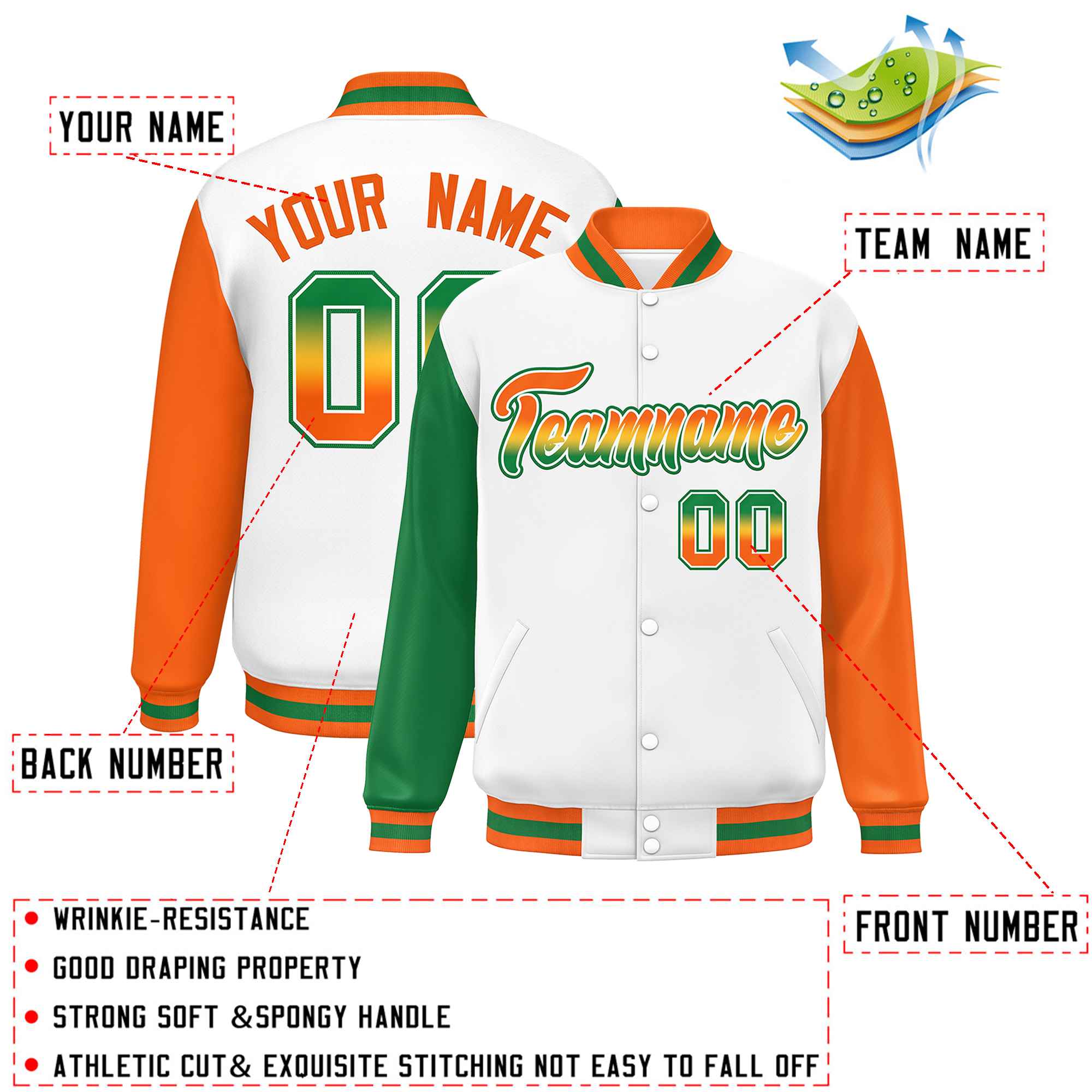 Custom White Kelly Green-Orange Varsity Full-Snap Raglan Sleeves Letterman Baseball Jacket