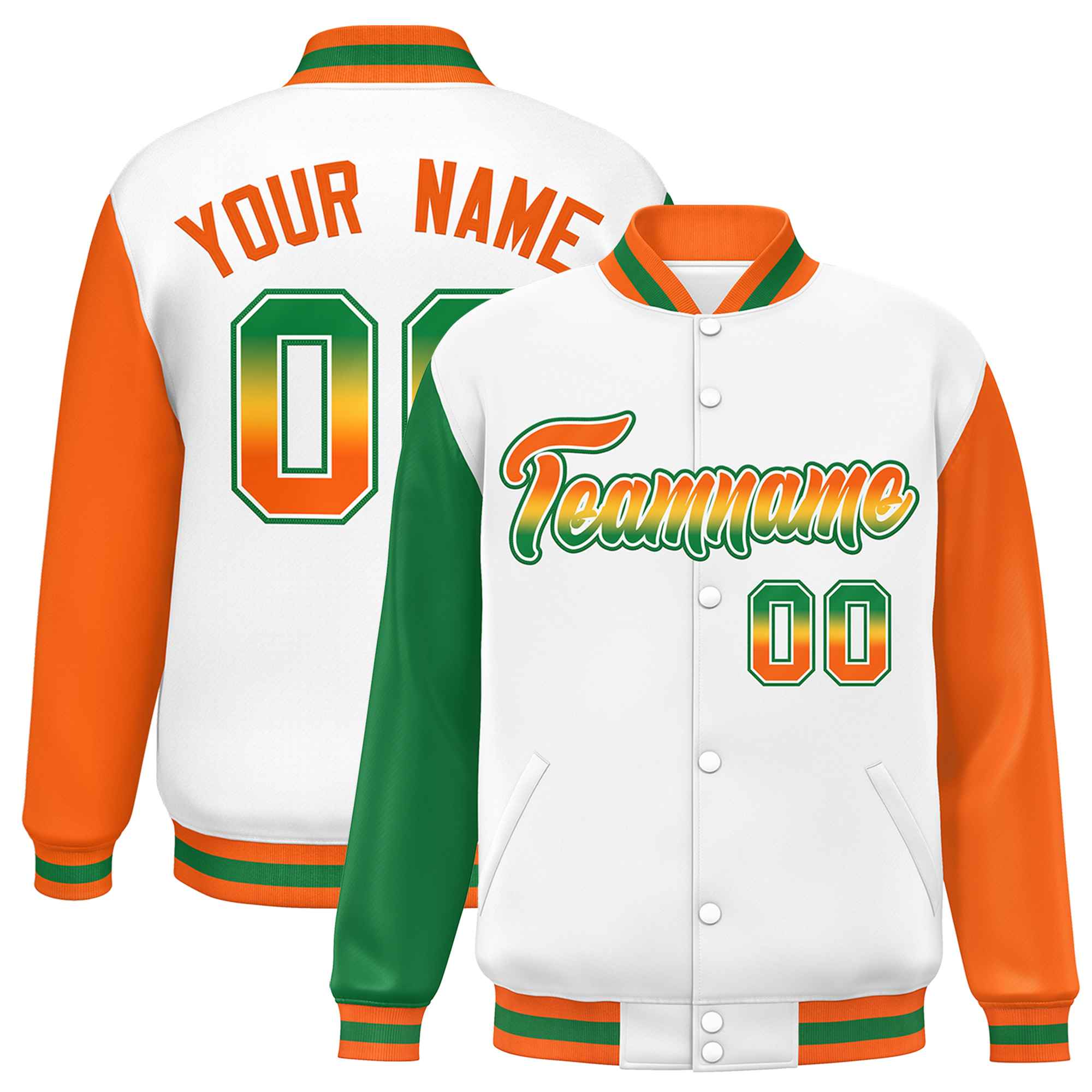 Custom White Kelly Green-Orange Varsity Full-Snap Raglan Sleeves Letterman Baseball Jacket