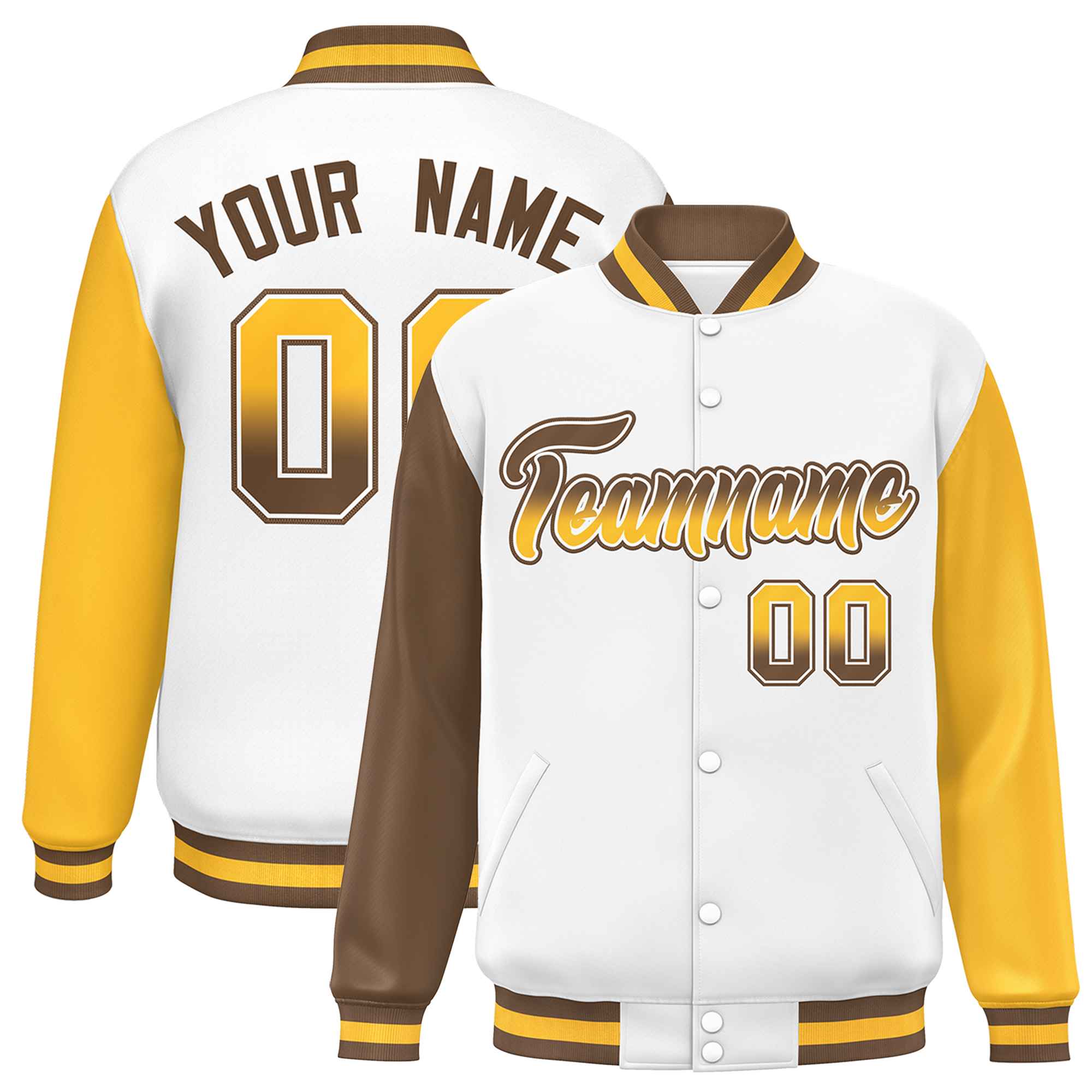 Custom White Light Brown-Gold Varsity Full-Snap Raglan Sleeves Letterman Baseball Jacket